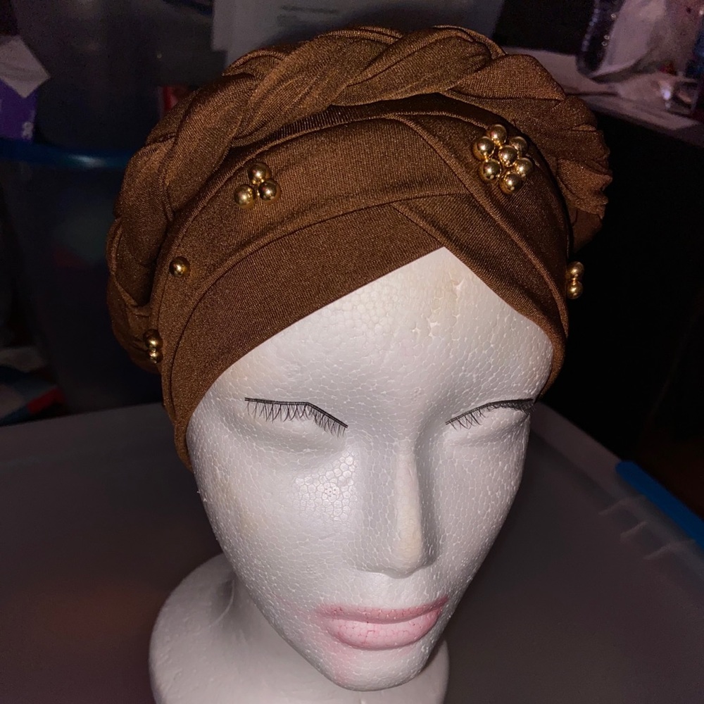 Brown Braided Turban w/ Gold Bead.